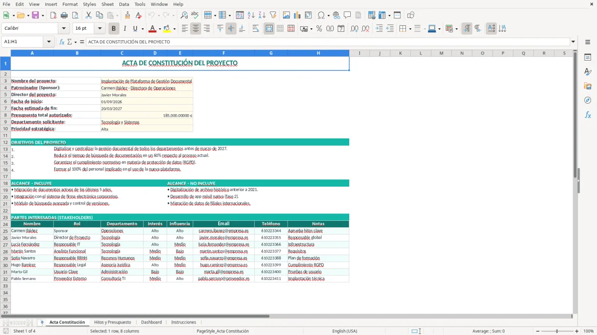 Captura 1: pestaña Acta Constitución - Plantilla Excel Acta de constitución de proyecto plantilla Excel