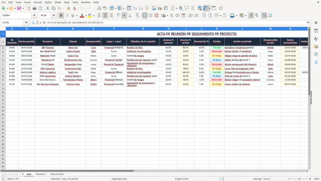 Acta – Acta de reunión de proyecto Excel – Plantilla gratis (2026)