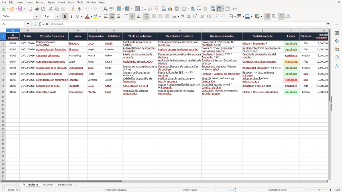 Captura 1: pestaña Bitácora - Plantilla Excel Bitácora de decisiones del proyecto Excel gratis