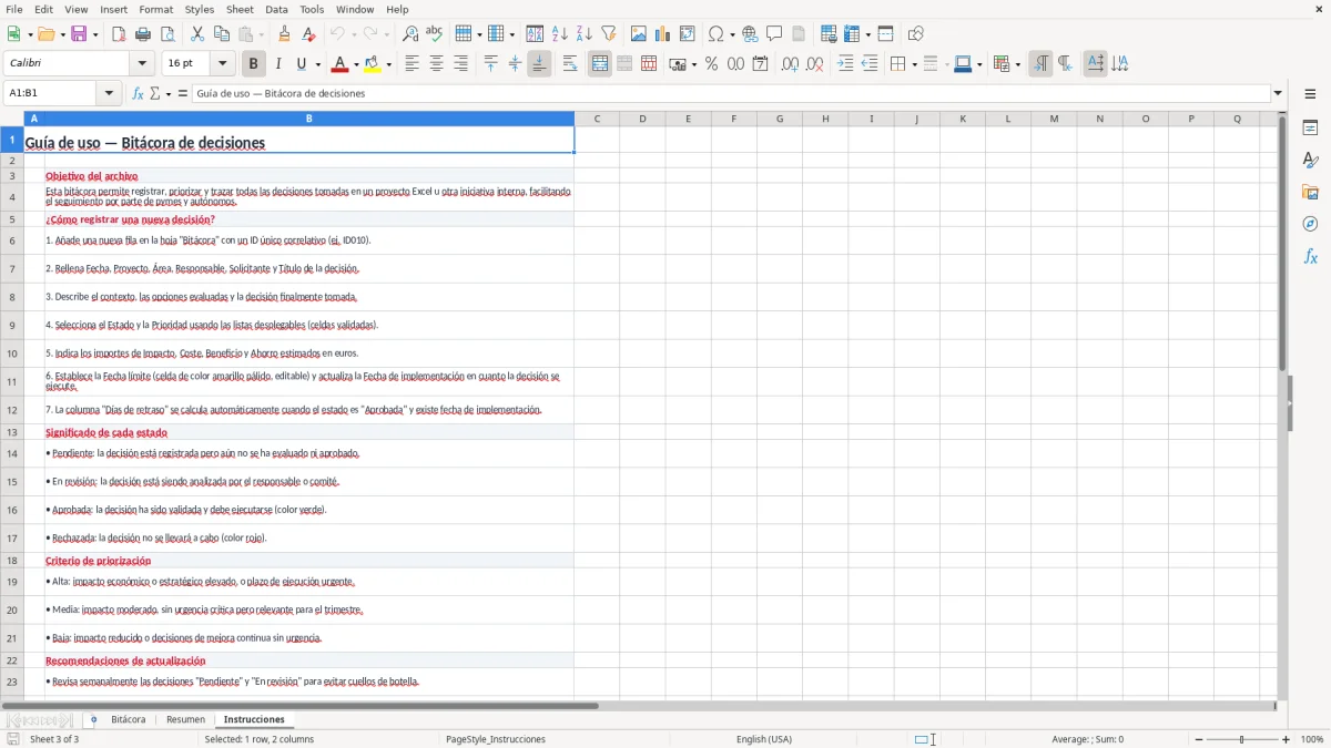 Captura 3: pestaña Instrucciones - Plantilla Excel Bitácora de decisiones del proyecto Excel gratis