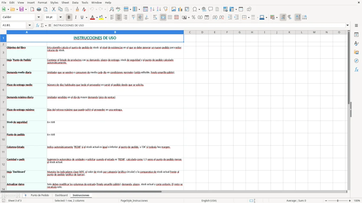 Captura 3: pestaña Instrucciones - Plantilla Excel Cálculo del punto de pedido de stock Excel gratis