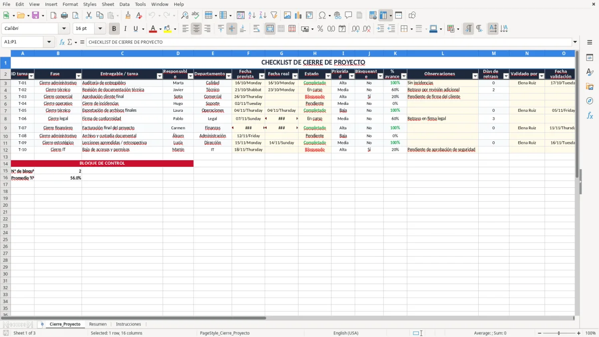 Captura 1: pestaña Cierre_Proyecto - Plantilla Excel Checklist de cierre de proyecto plantilla Excel