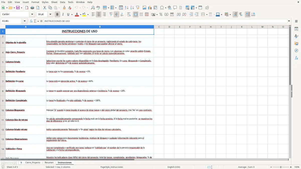 Captura 3: pestaña Instrucciones - Plantilla Excel Checklist de cierre de proyecto plantilla Excel