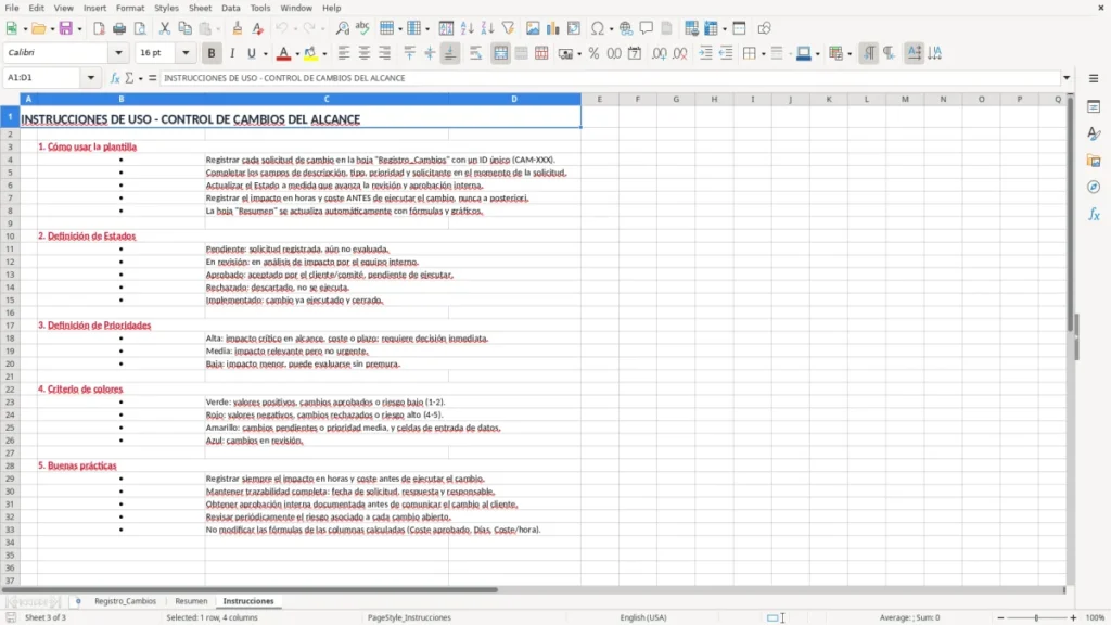 Instrucciones – Control de cambios del alcance Excel – Plantilla gratis (2026)