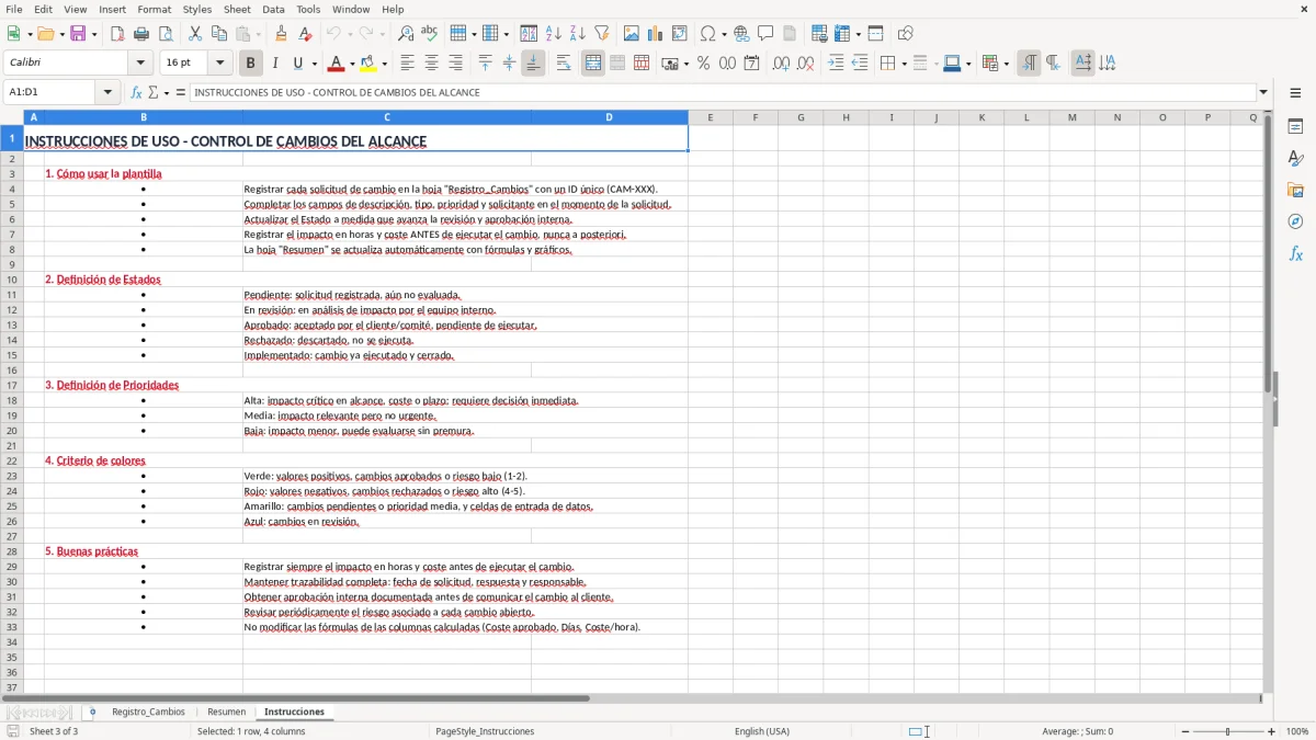 Captura 3: pestaña Instrucciones - Plantilla Excel Control de cambios del alcance plantilla Excel