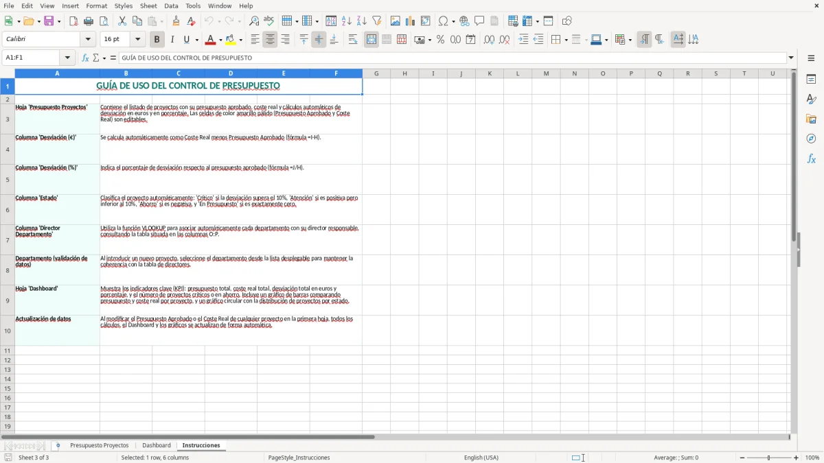 Captura 3: pestaña Instrucciones - Plantilla Excel Control de desviaciones de presupuesto de proyecto Excel
