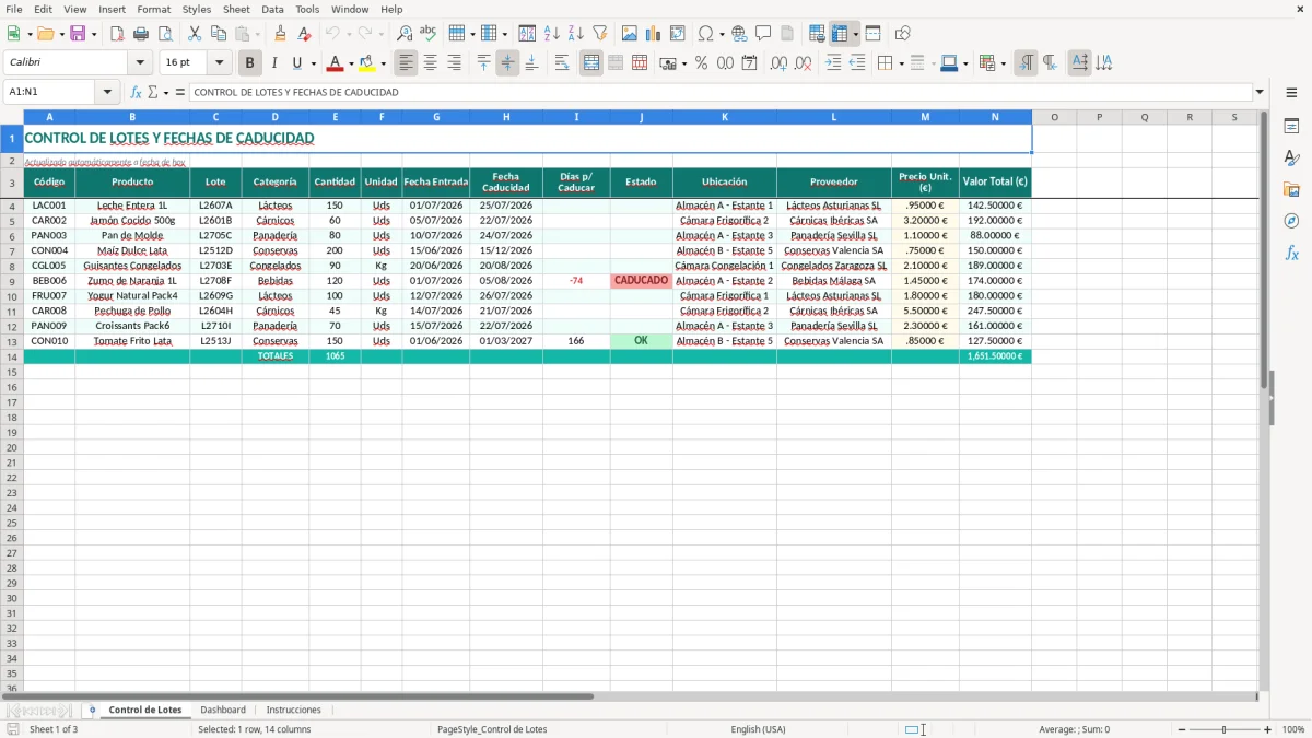 Captura 1: pestaña Control de Lotes - Plantilla Excel Control de lotes y fechas de caducidad Excel gratis