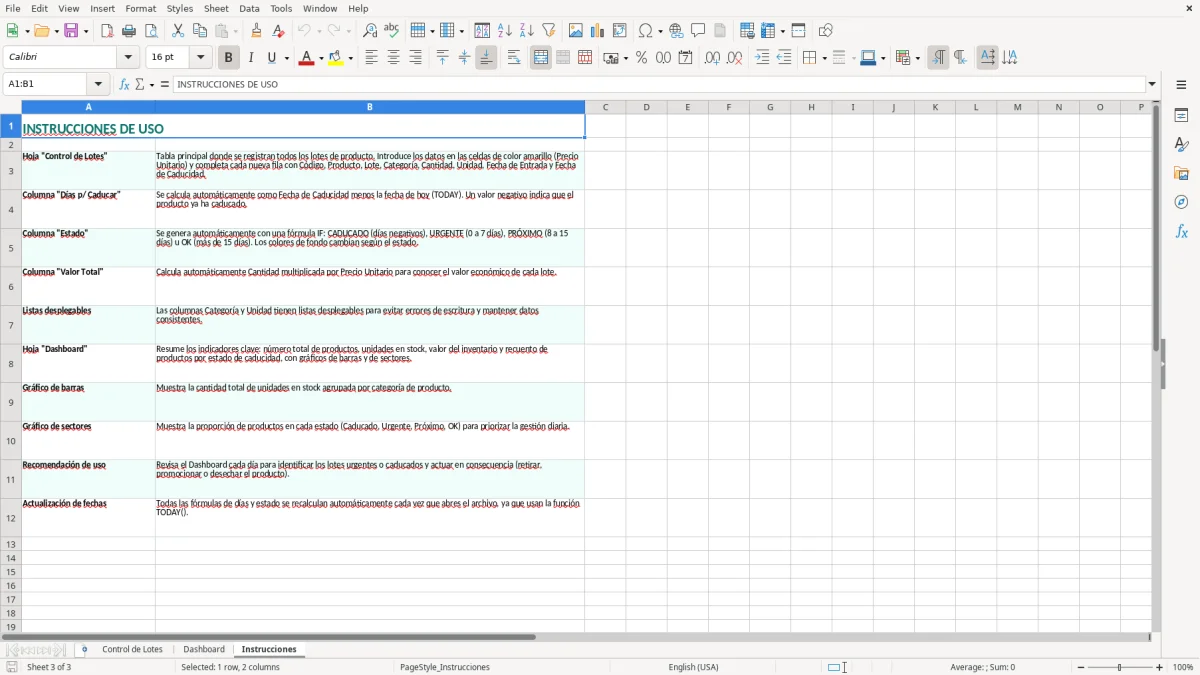 Captura 3: pestaña Instrucciones - Plantilla Excel Control de lotes y fechas de caducidad Excel gratis