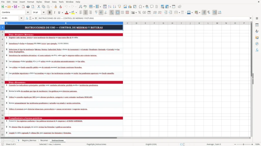 Instrucciones – Control de mermas y roturas en Excel gratis