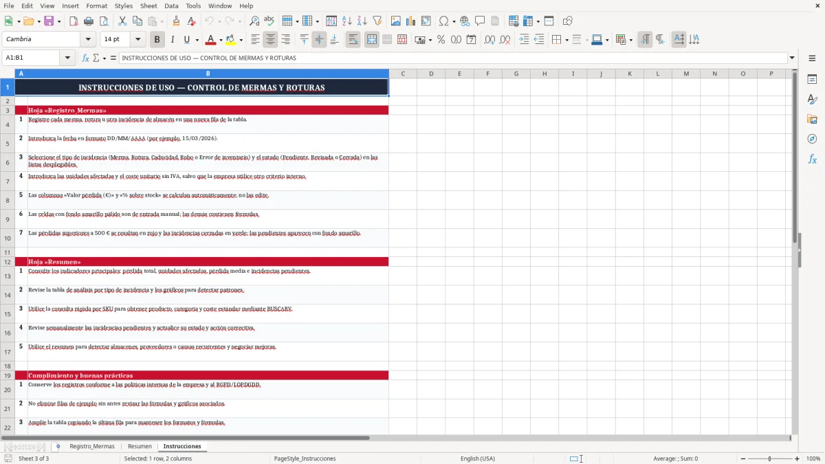 Captura 3: pestaña Instrucciones - Plantilla Excel Control de mermas y roturas de almacén Excel gratis