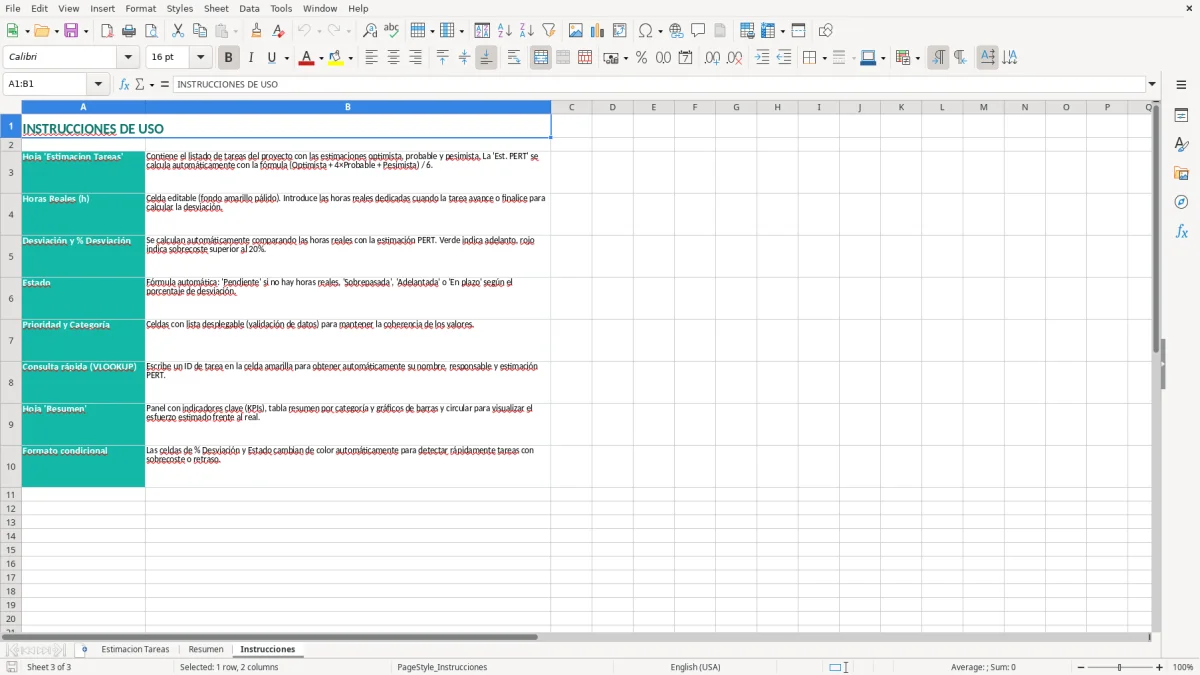 Captura 3: pestaña Instrucciones - Plantilla Excel Estimación de esfuerzo por tarea Excel gratis