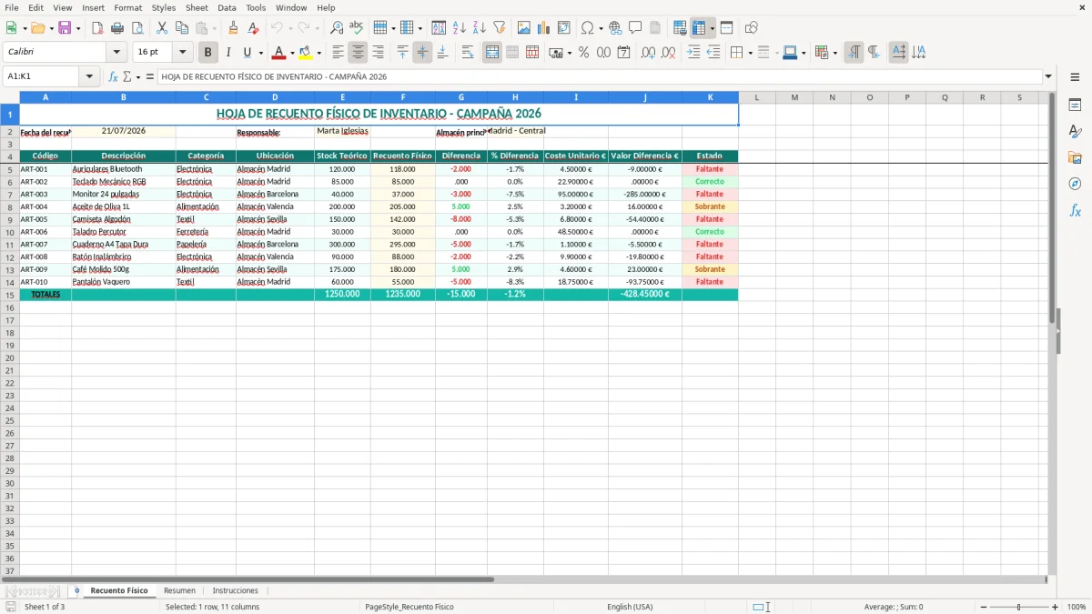 Captura 1: pestaña Recuento Físico - Plantilla Excel Hoja de recuento físico de inventario plantilla Excel