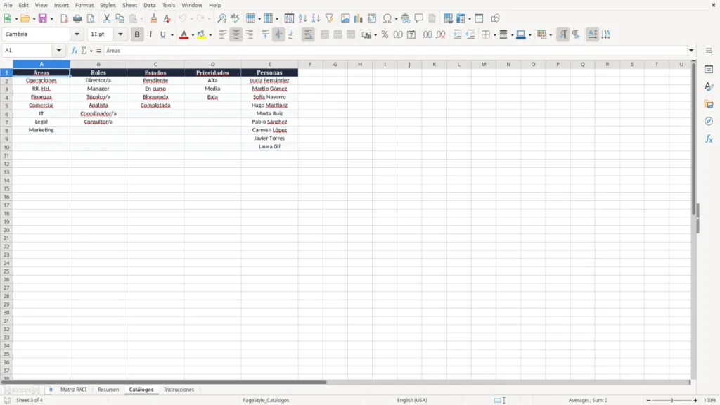 Catálogos – Matriz RACI Excel – Plantilla gratis (2026)