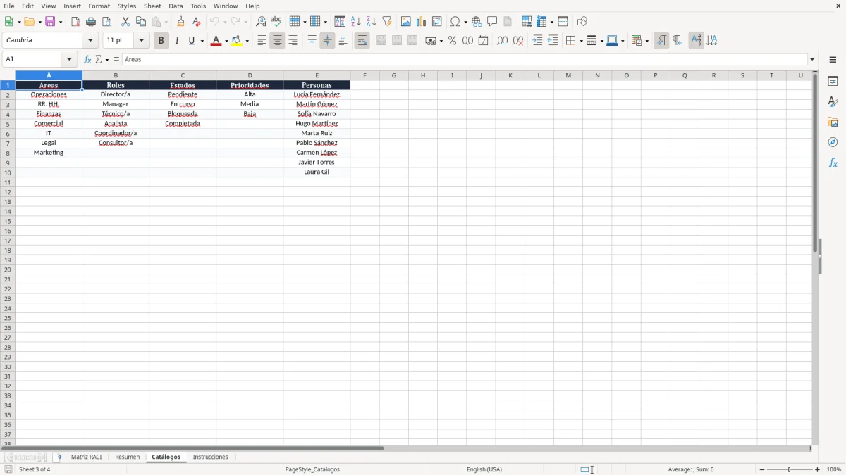 Captura 3: pestaña Catálogos - Plantilla Excel Matriz RACI de responsabilidades plantilla Excel