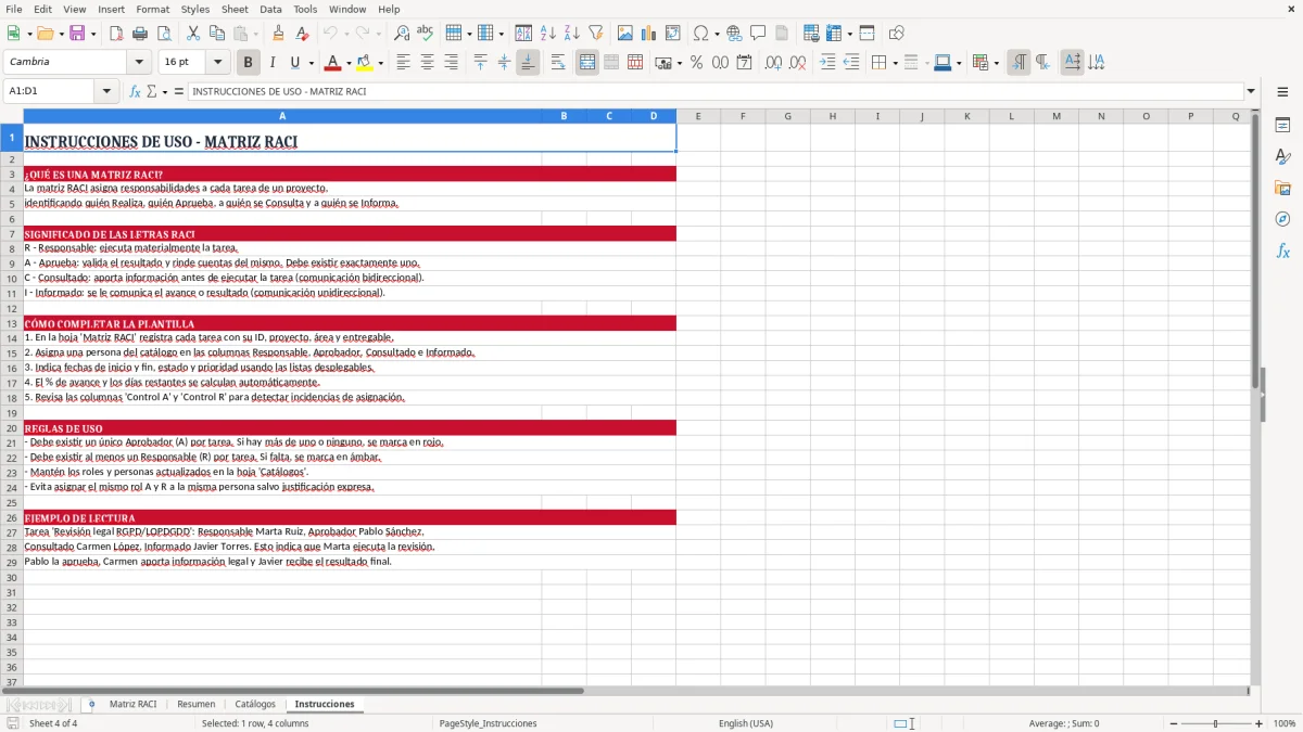Captura 4: pestaña Instrucciones - Plantilla Excel Matriz RACI de responsabilidades plantilla Excel