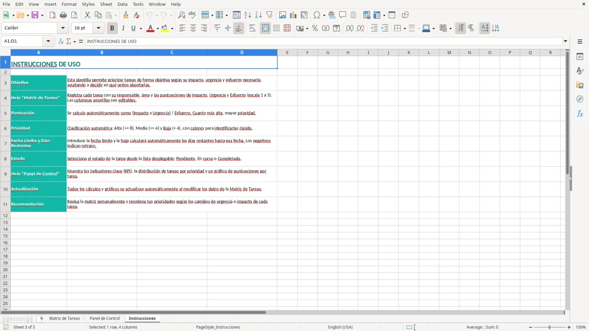 Captura 3: pestaña Instrucciones - Plantilla Excel Matriz de priorización de tareas plantilla Excel gratis