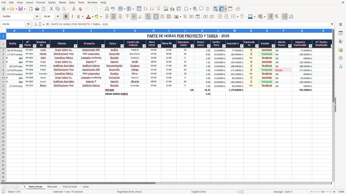 Captura 1: pestaña Parte_Horas - Plantilla Excel Parte de horas por proyecto y tarea Excel gratis