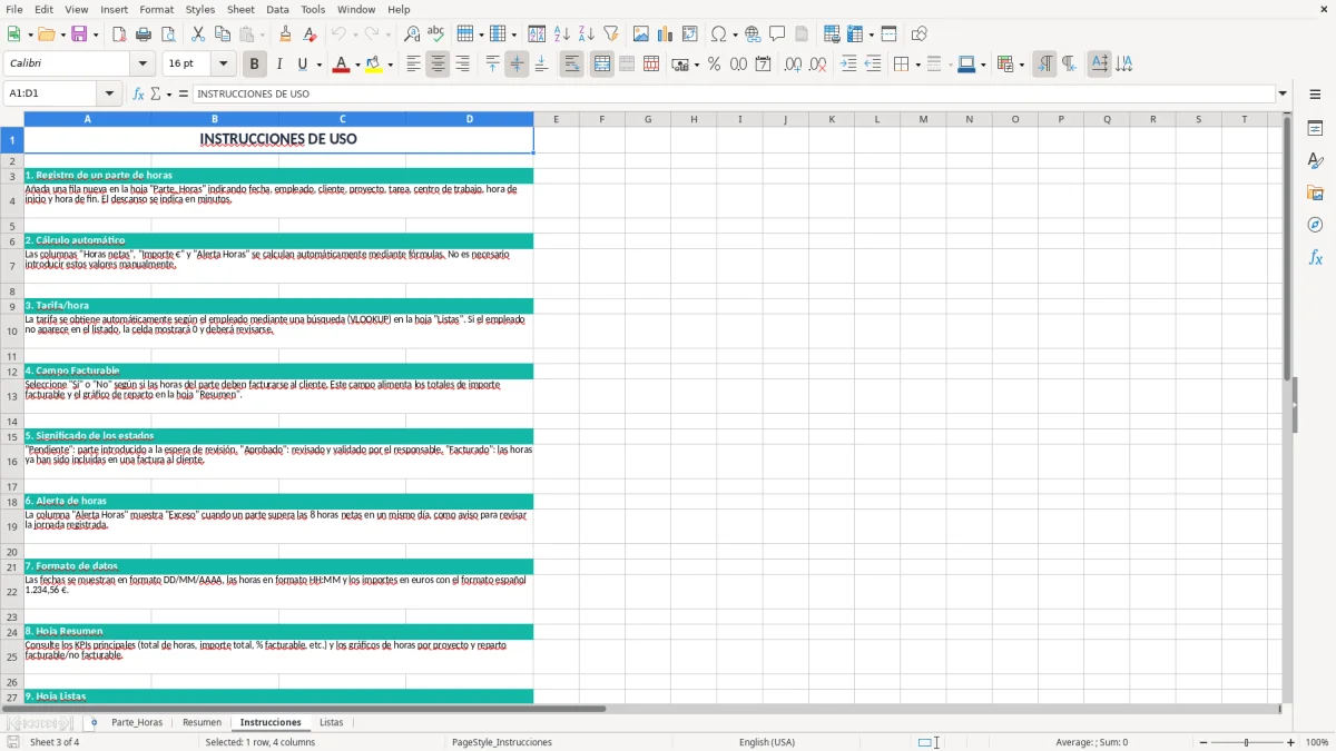 Captura 3: pestaña Instrucciones - Plantilla Excel Parte de horas por proyecto y tarea Excel gratis