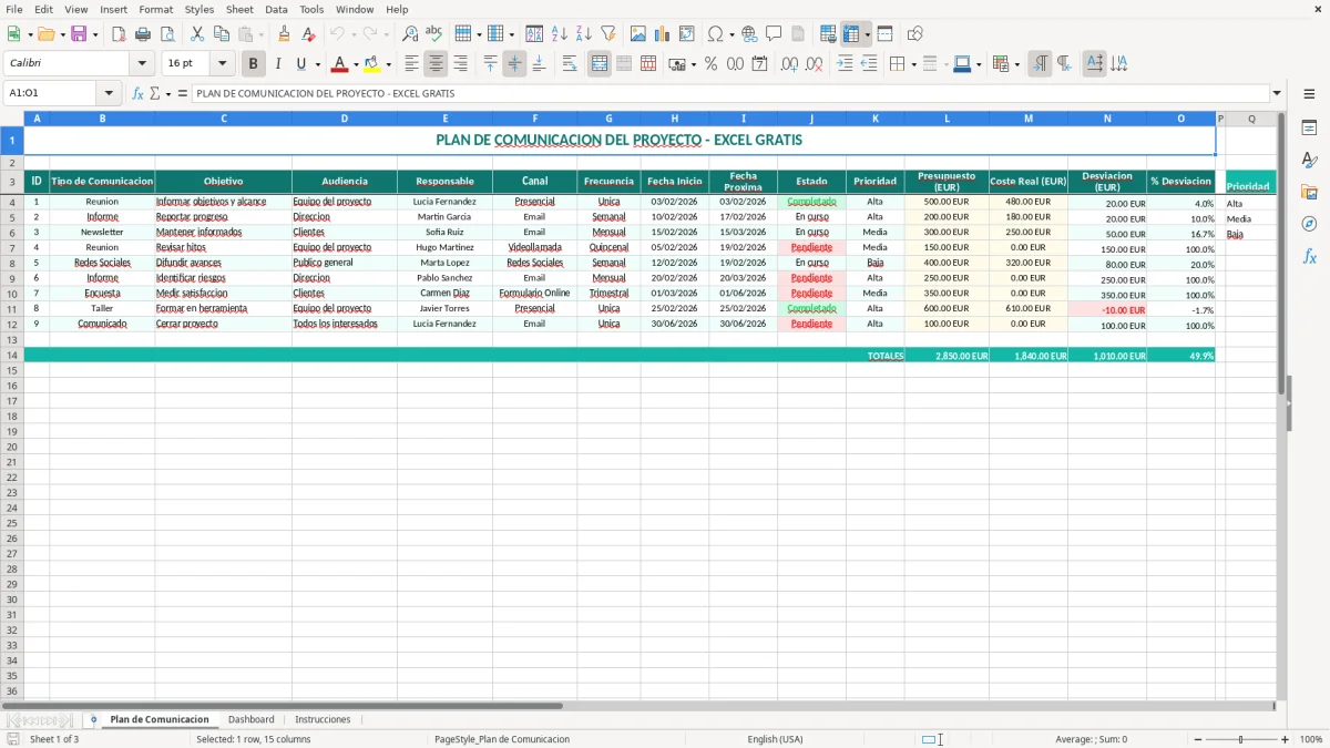 Captura 1: pestaña Plan de Comunicacion - Plantilla Excel Plan de comunicación del proyecto Excel gratis