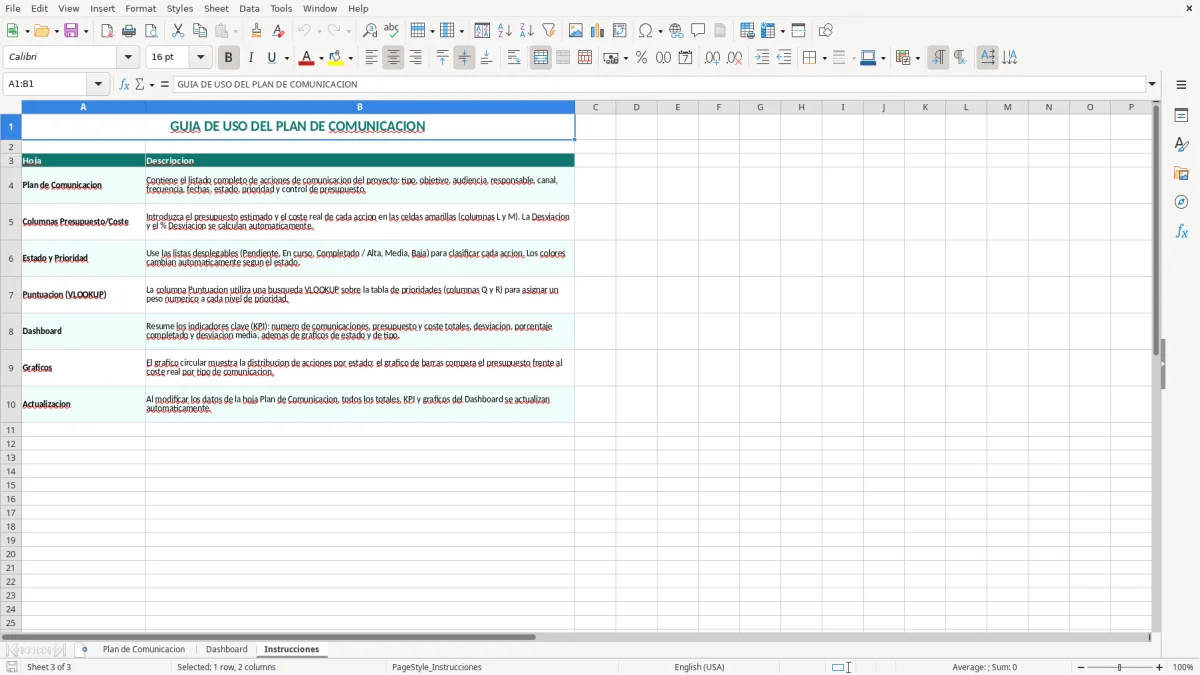 Captura 3: pestaña Instrucciones - Plantilla Excel Plan de comunicación del proyecto Excel gratis
