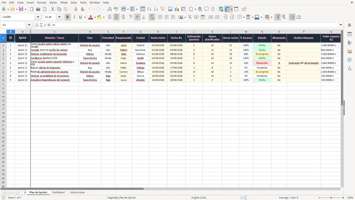 Captura 1: pestaña Plan de Sprints - Plantilla Excel Planificación de sprints ágiles Excel gratis
