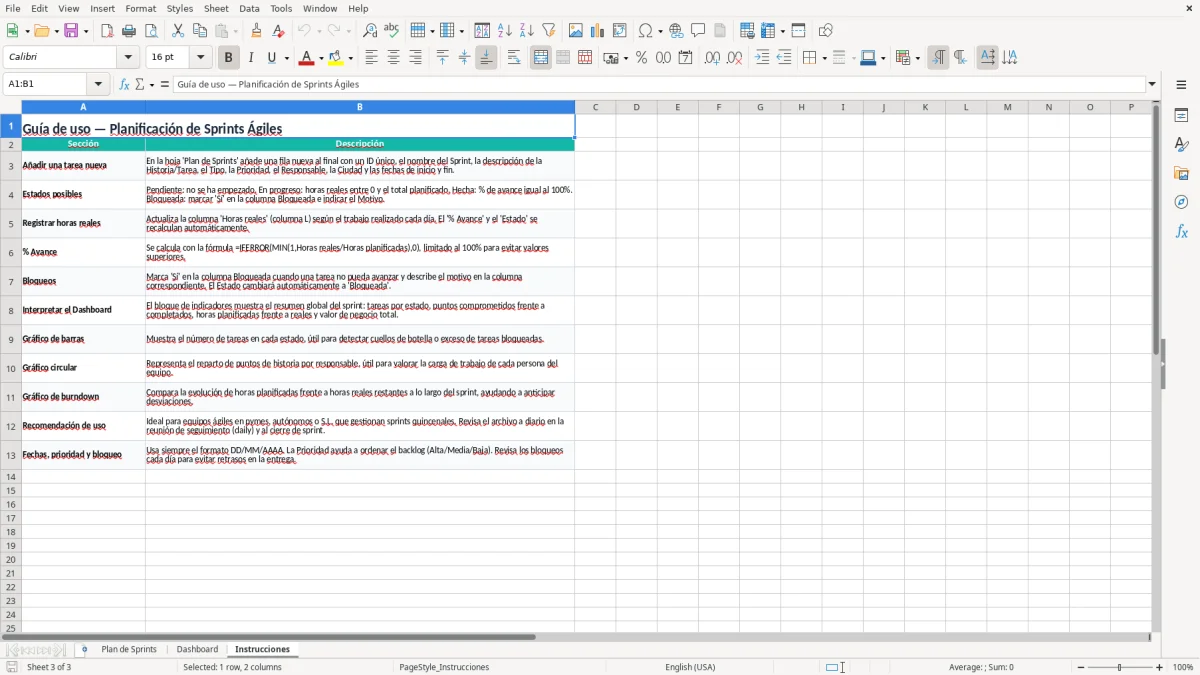 Captura 3: pestaña Instrucciones - Plantilla Excel Planificación de sprints ágiles Excel gratis