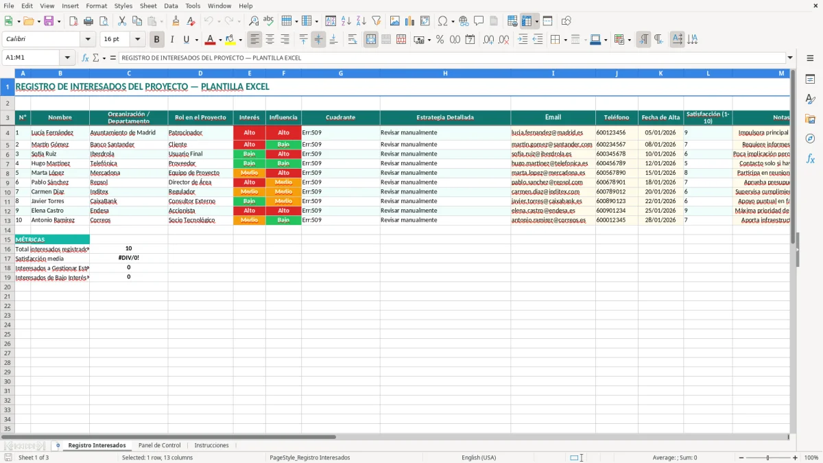 Captura 1: pestaña Registro Interesados - Plantilla Excel Registro de interesados del proyecto plantilla Excel
