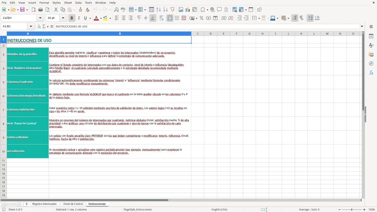 Captura 3: pestaña Instrucciones - Plantilla Excel Registro de interesados del proyecto plantilla Excel