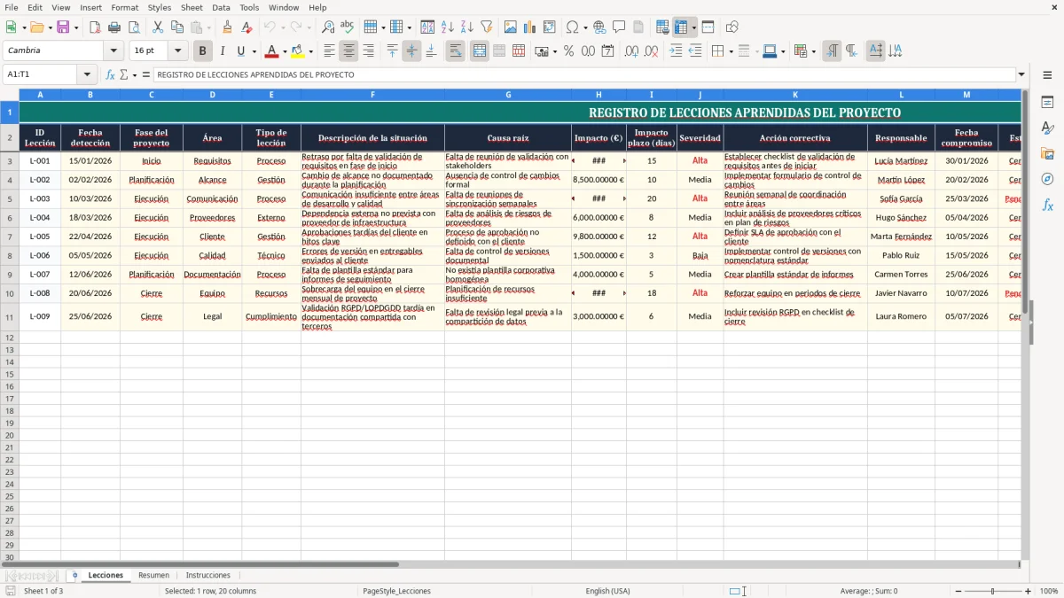 Captura 1: pestaña Lecciones - Plantilla Excel Registro de lecciones aprendidas del proyecto Excel