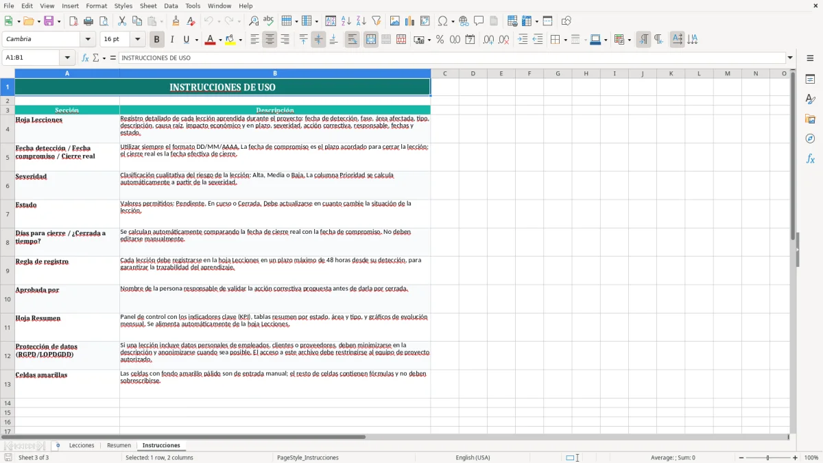 Captura 3: pestaña Instrucciones - Plantilla Excel Registro de lecciones aprendidas del proyecto Excel