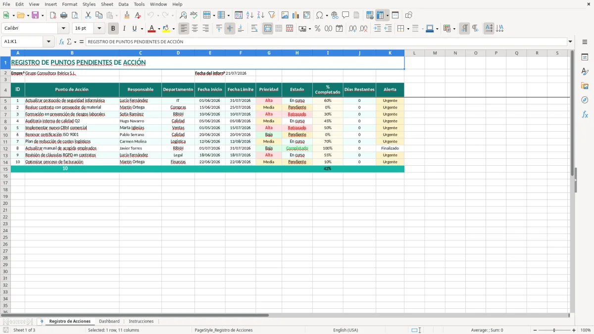 Captura 1: pestaña Registro de Acciones - Plantilla Excel Registro de puntos pendientes de acción Excel gratis