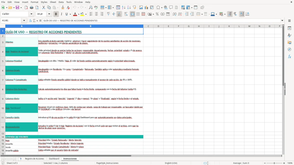 Captura 3: pestaña Instrucciones - Plantilla Excel Registro de puntos pendientes de acción Excel gratis