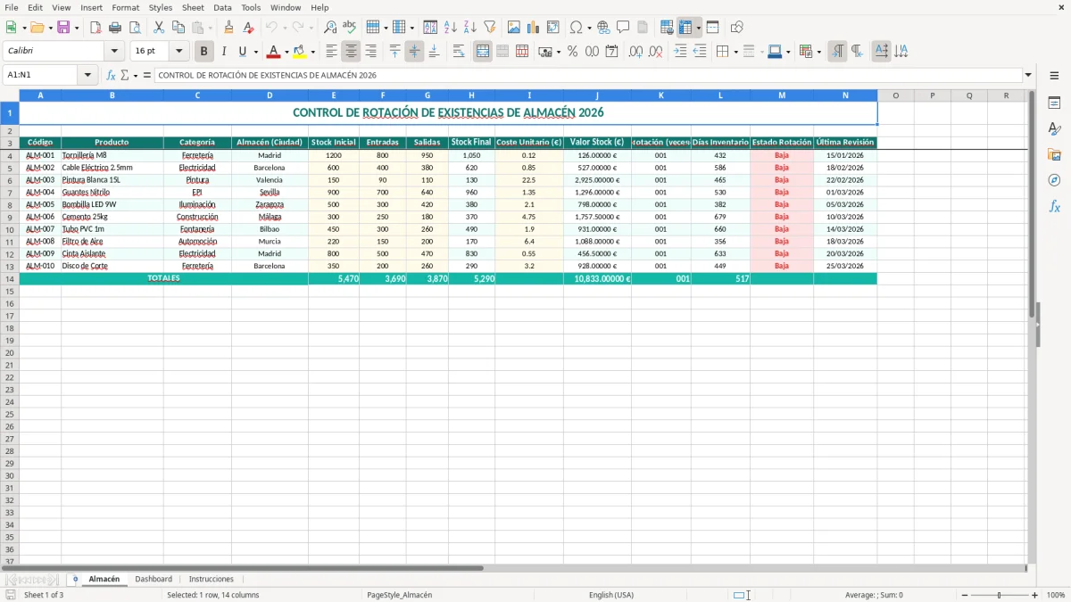 Captura 1: pestaña Almacén - Plantilla Excel Rotación de existencias de almacén plantilla Excel