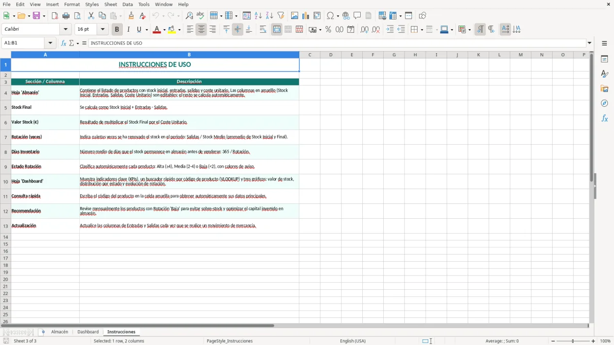 Captura 3: pestaña Instrucciones - Plantilla Excel Rotación de existencias de almacén plantilla Excel