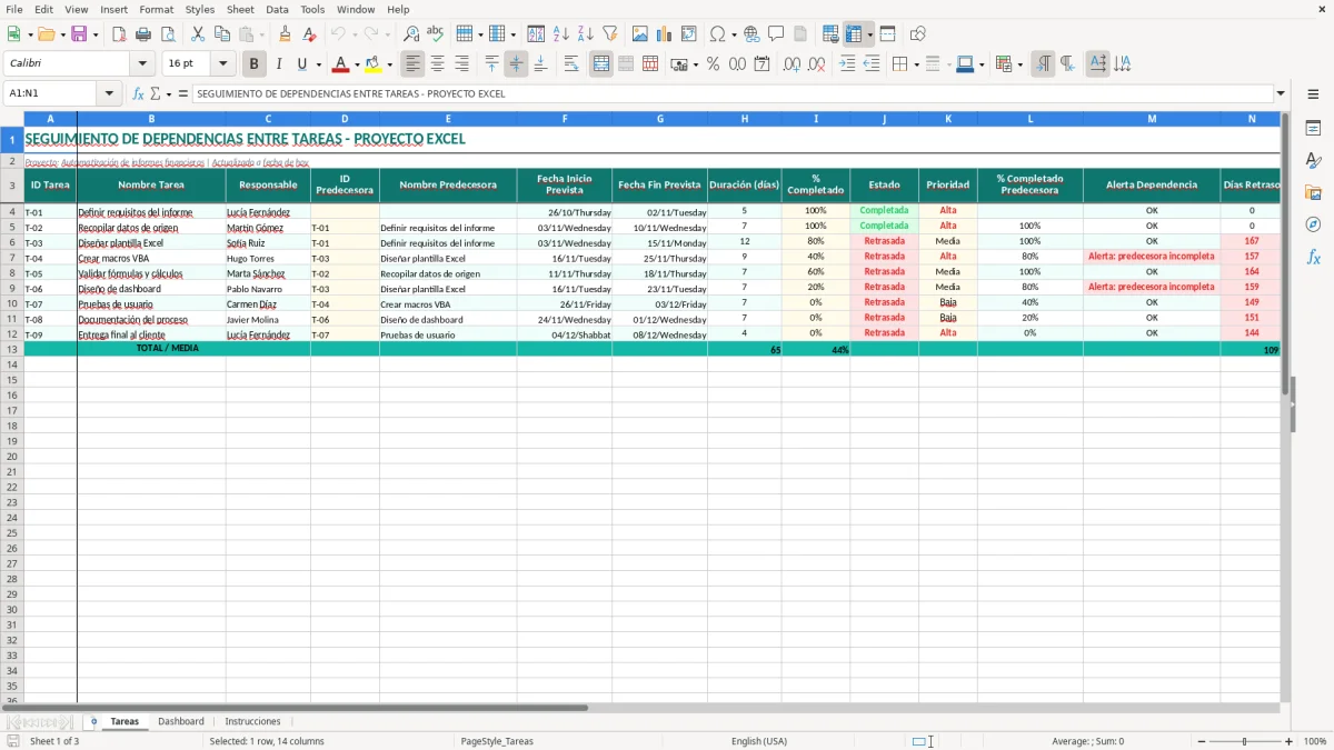 Captura 1: pestaña Tareas - Plantilla Excel Seguimiento de dependencias entre tareas Excel