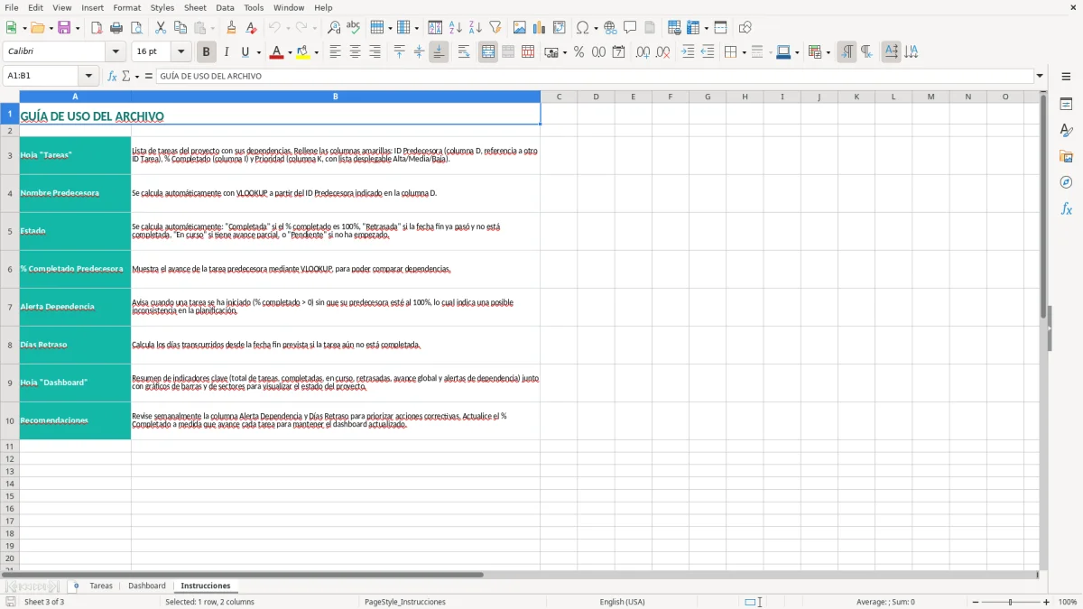 Captura 3: pestaña Instrucciones - Plantilla Excel Seguimiento de dependencias entre tareas Excel