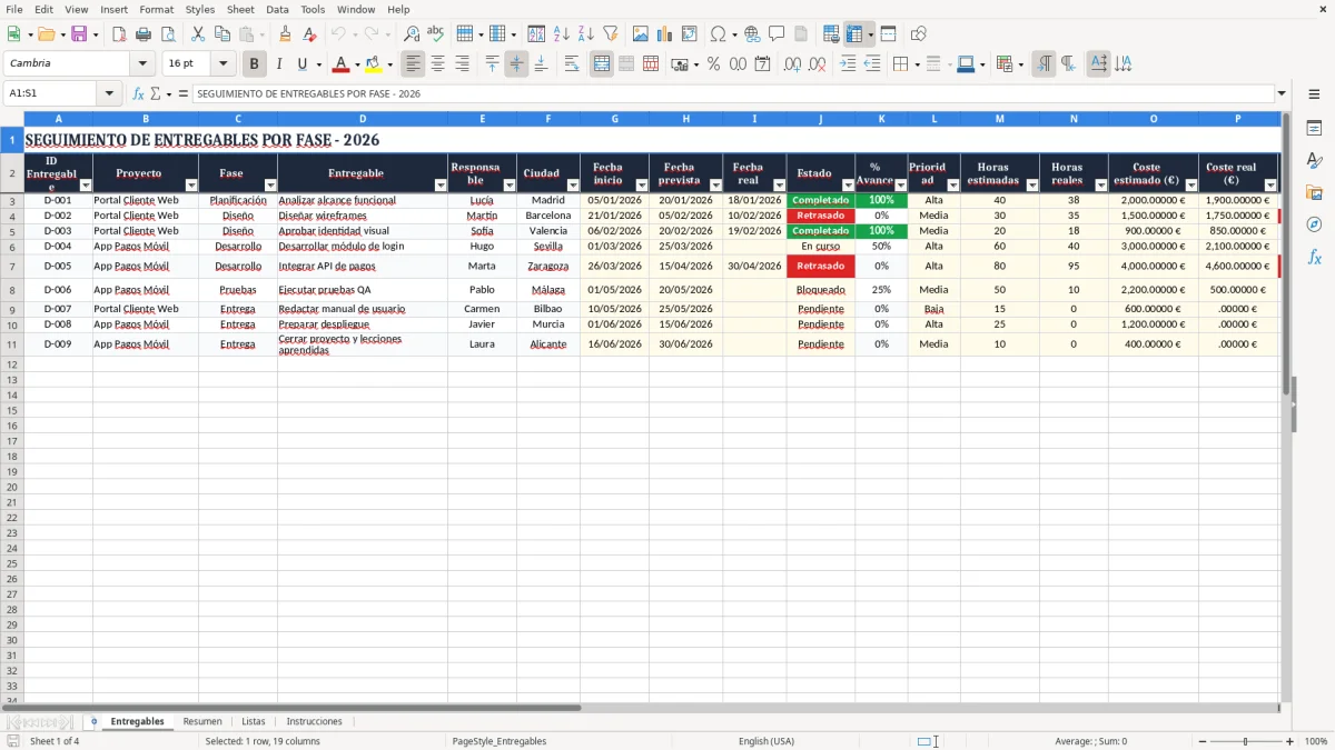 Captura 1: pestaña Entregables - Plantilla Excel Seguimiento de entregables por fase Excel gratis