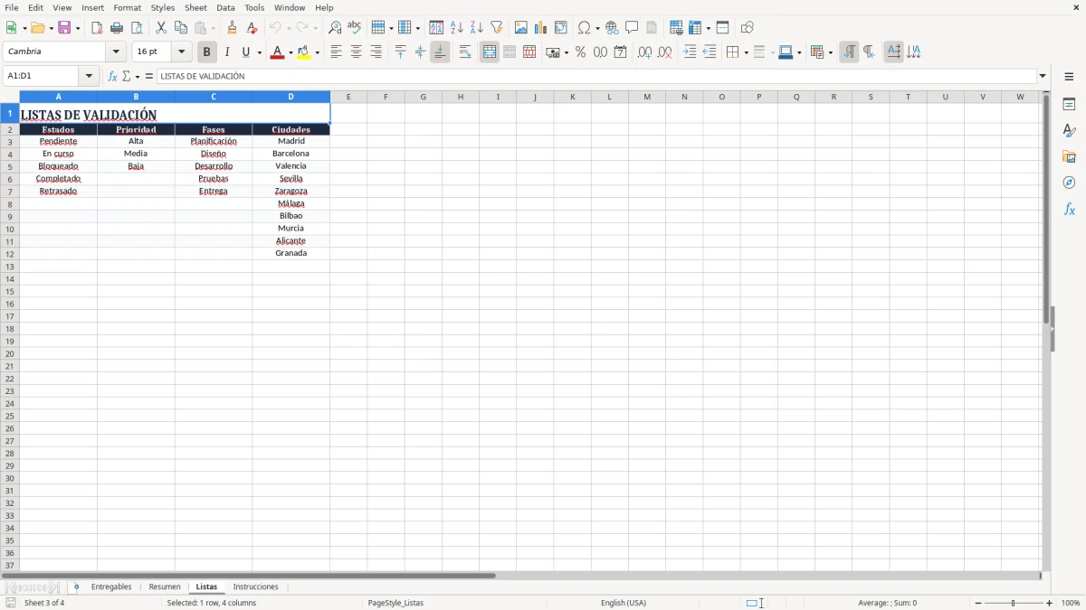 Captura 3: pestaña Listas - Plantilla Excel Seguimiento de entregables por fase Excel gratis