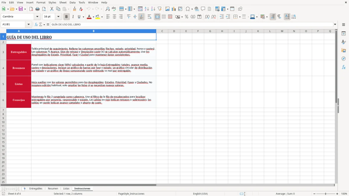 Captura 4: pestaña Instrucciones - Plantilla Excel Seguimiento de entregables por fase Excel gratis