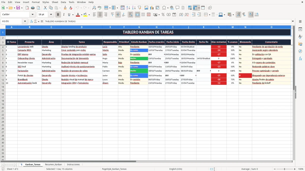 Captura 1: pestaña Kanban_Tareas - Plantilla Excel Tablero kanban de tareas plantilla Excel gratis