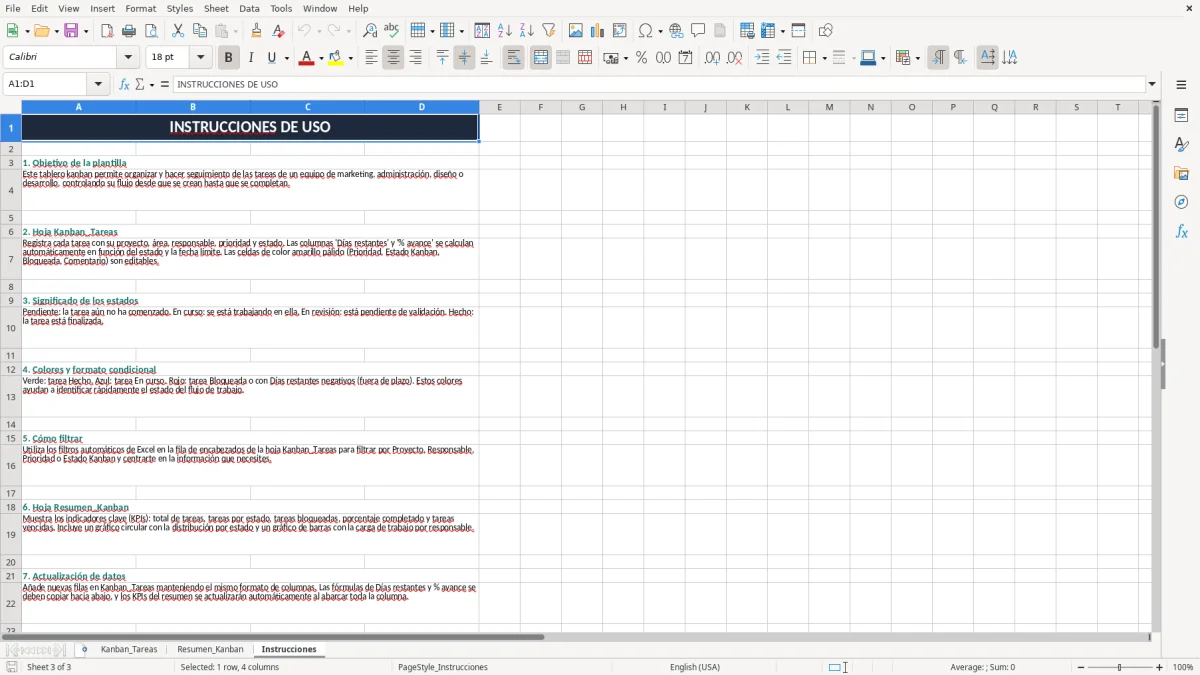 Captura 3: pestaña Instrucciones - Plantilla Excel Tablero kanban de tareas plantilla Excel gratis