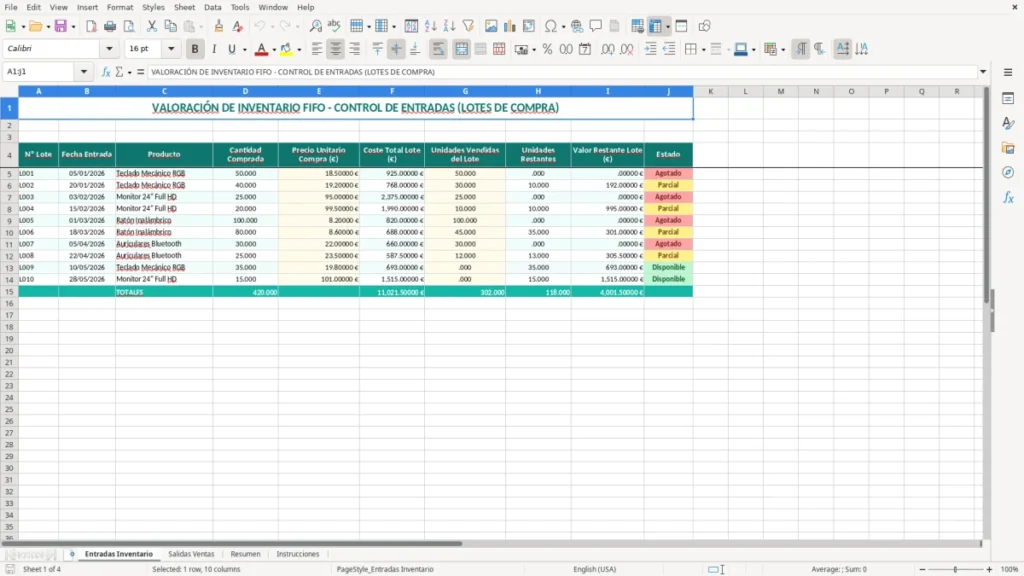 Entradas Inventario – Valoración FIFO Excel – Plantilla gratis (2026)