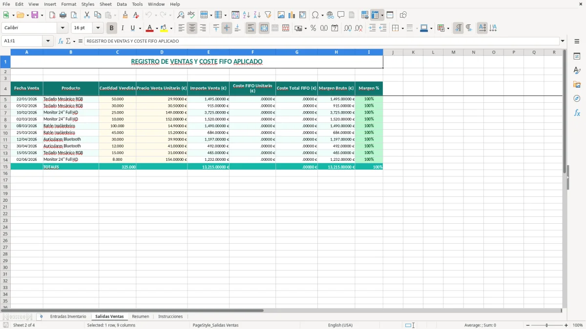 Captura 2: pestaña Salidas Ventas - Plantilla Excel Valoración de inventario FIFO plantilla Excel gratis