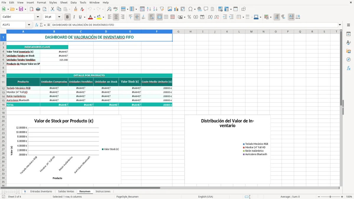 Captura 3: pestaña Resumen - Plantilla Excel Valoración de inventario FIFO plantilla Excel gratis