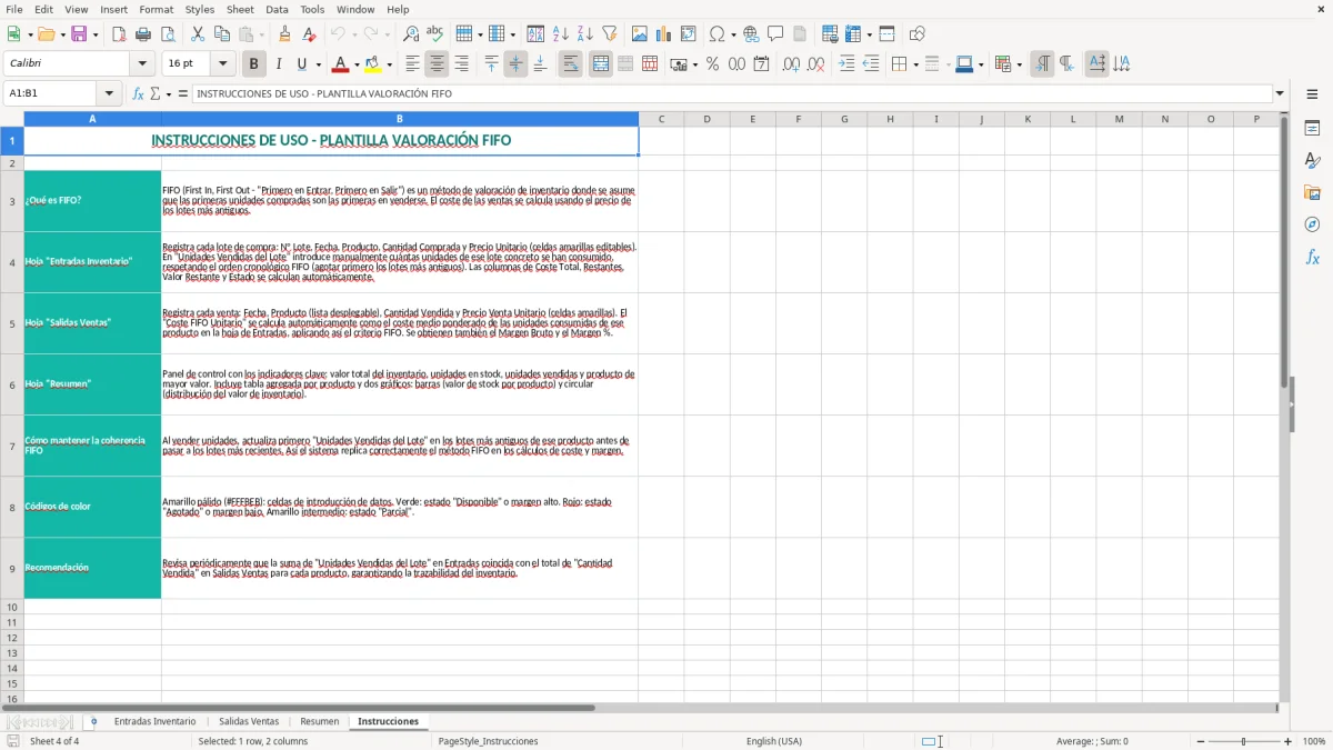 Captura 4: pestaña Instrucciones - Plantilla Excel Valoración de inventario FIFO plantilla Excel gratis