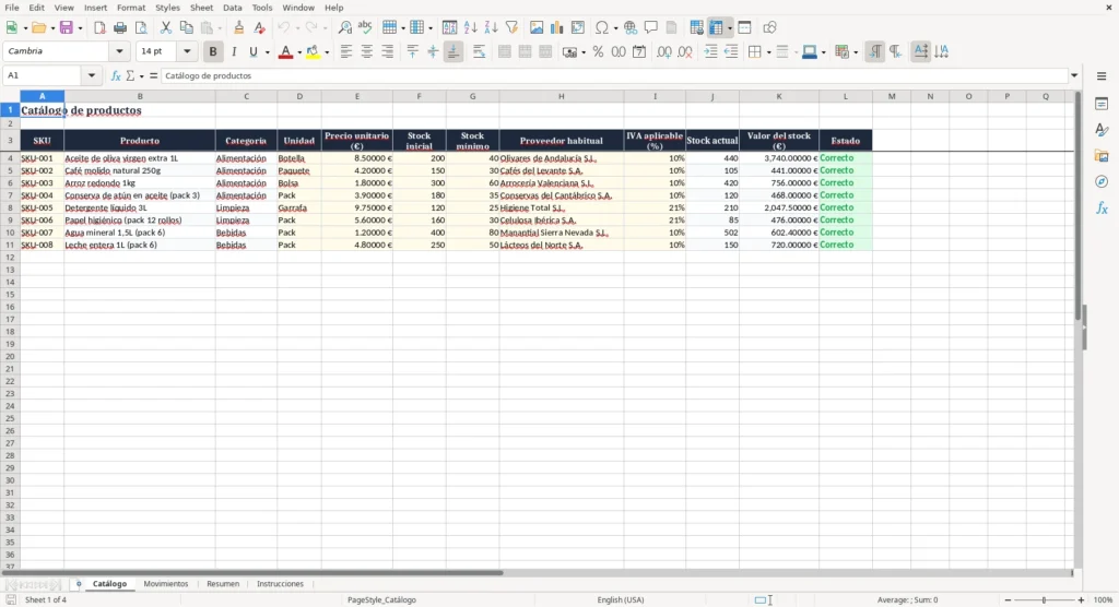 Catálogo – Registro de entradas y salidas en Excel