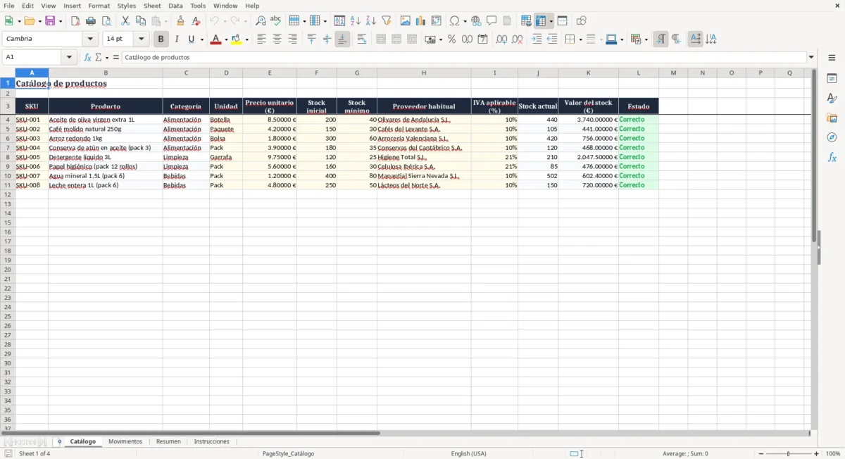 Excel – Registro de entradas y salidas de mercancía Excel – Catálogo