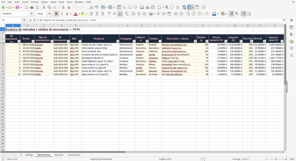 Movimientos – Registro de entradas y salidas en Excel