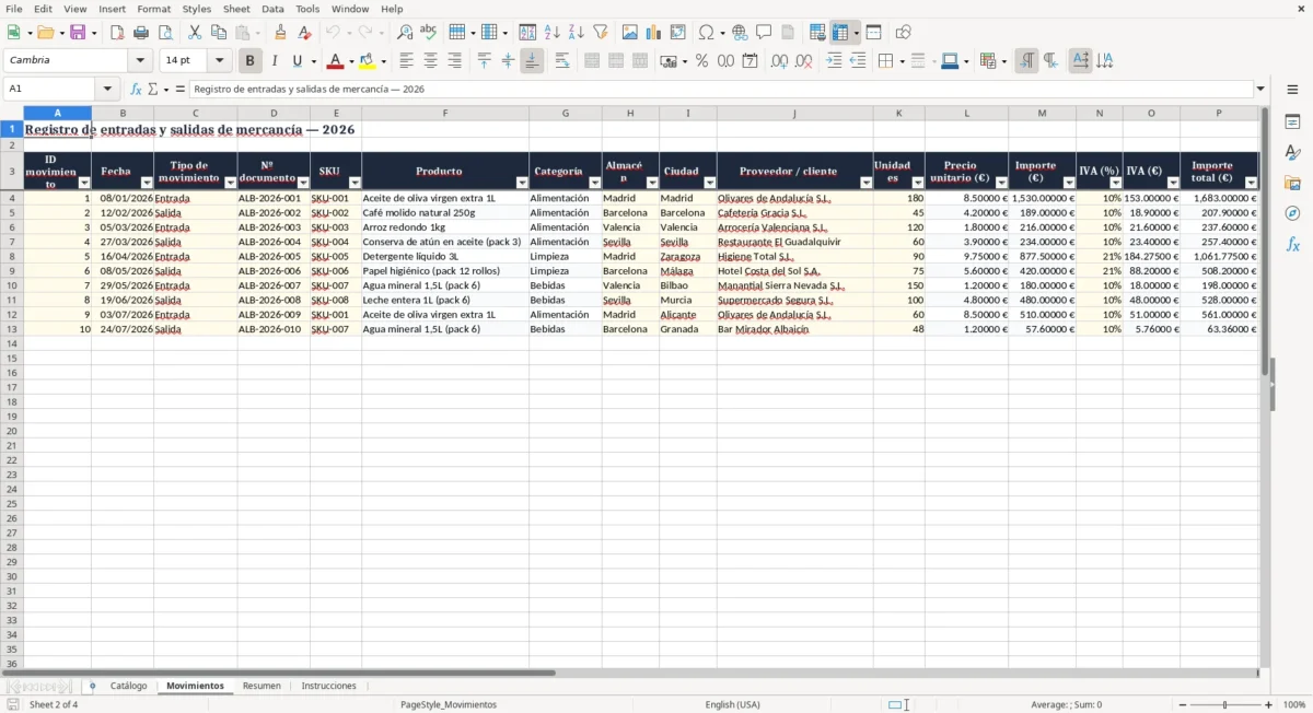 Excel – Registro de entradas y salidas de mercancía Excel – Movimientos
