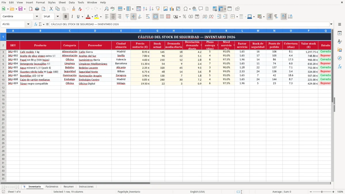 Captura 1: pestaña Inventario - Plantilla Excel Cálculo del stock de seguridad plantilla Excel gratis